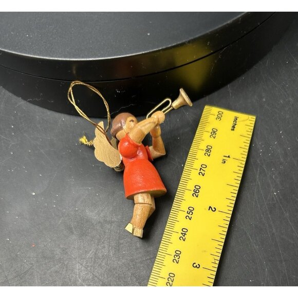 Erzgebirge Figure Ornament Wooden Angel playing Trumpet Musical Instrument 2.5" - Picture 9 of 10